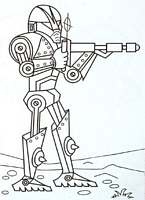 do wydruku kolorowanki roboty, dla dzieci i chłopców do pomalowania wojskowy droid z karabinem w rysunkowym bajkowym stylu